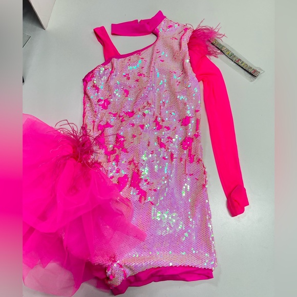 Weissman Costume Asymmetrical Side Bustle Biketard Pink Sequin NEW XL Adult - Picture 8 of 10